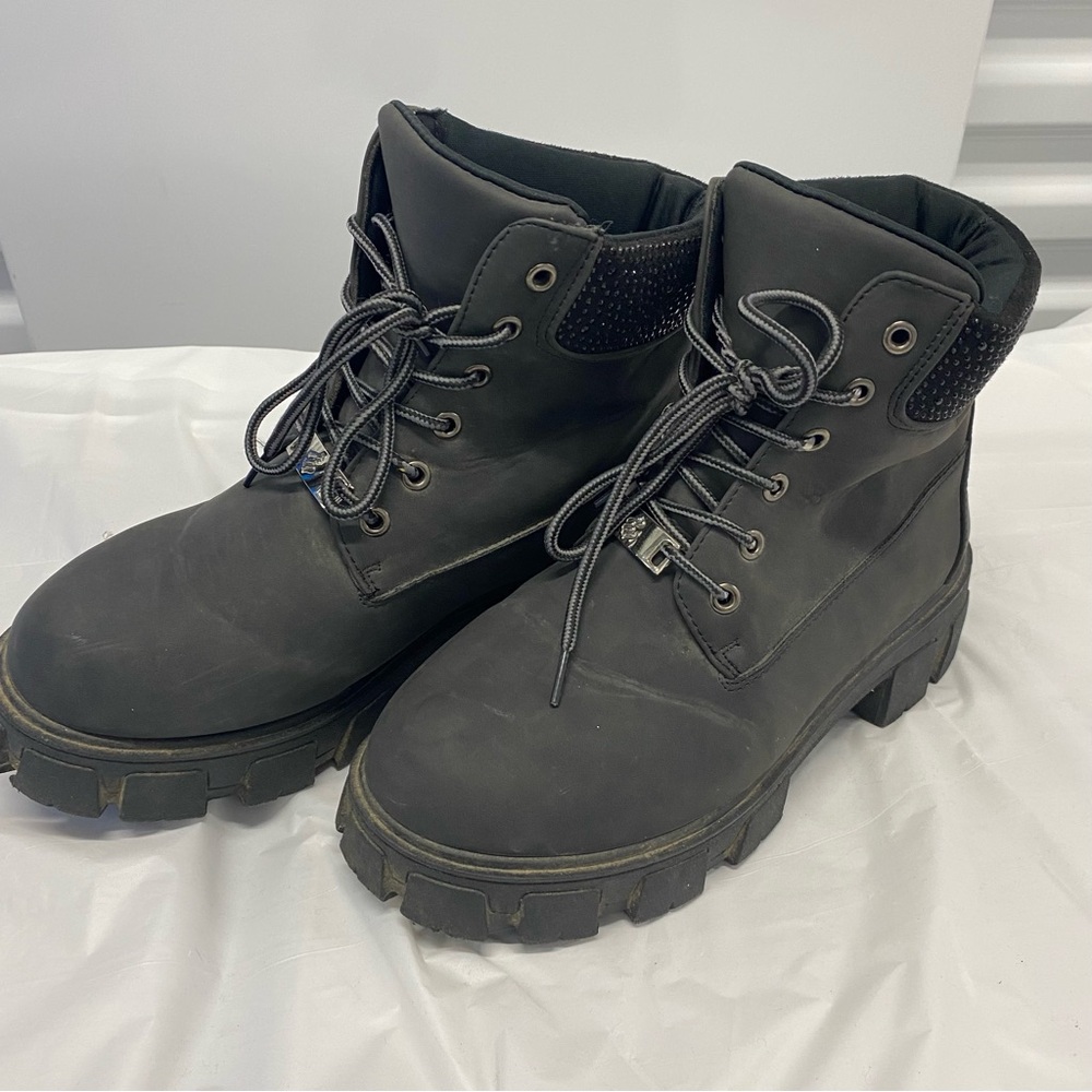 Rocawear Y2K Combat Boots Womens size 6 black Goth rhinestones lace